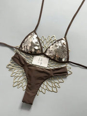 Shiny Sequin Coffee Patchwork Bikini Set