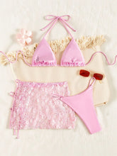 Shiny Sequin Pink Mesh Skirt 3 Piece Bikini Set