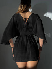 Women Sheer Mesh Cover Up Solid Black White Short Sleeve Beach Cover-Up Swimsuits