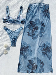 Print with Mesh Long Skirt Underwired Bikini