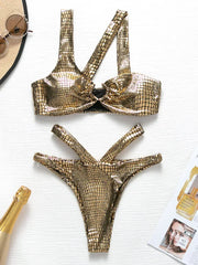 Asymmetric Shiny Snake Skin Thong Bikini