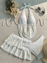 3PC with Skirt Wrinkled Halter Tankini Bikini