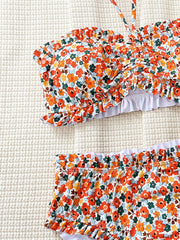 Flowers Printed Ruffled Bandeau Female Swimsuit