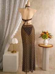 Polka Dots with Mesh Skirt Halter Shell Bikini