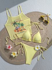 Sexy Yellow Fruit Print Cover Up Bikini Set