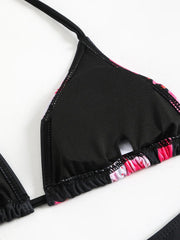 Black Floral Print Push Up Bra Tie Side Thong Swimsuit