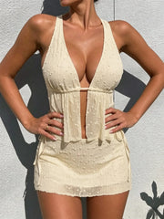 Sexy Beige Drawstring Side Skirt 3 Piece Bikini Set