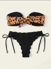 Front Lace Up Tie Bandeau Leopard Swimsuit