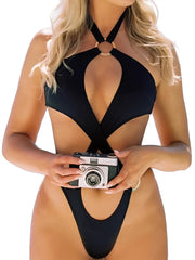 Sexy Tummy Cut Out Halter Women Thong Swimwear One Piece Swimsuit