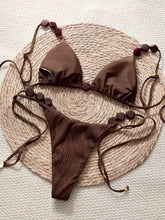 Ribbed Beaded Push Up Bra Bandage Thong Swimsuit