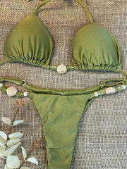 Shiny Halter High Leg Cut Beads Bikini