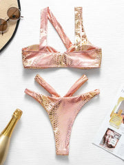 Asymmetric Shiny Snake Skin Thong Bikini