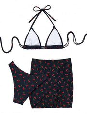 With Mesh Skirt Cherry Printed Bikini