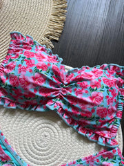Flowers Print Ruffled Frilled Bandeau Bikini
