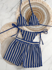 3PCS With Shorts Stripe Halter Fishnet Bikini
