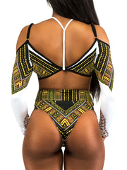 African Print Long Sleeve High Waist Bikini