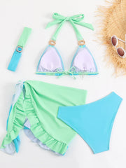 Green Contrast Diamond Push Up Ruffles Skirt 4 Piece Swimsuit
