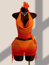 Sexy Orange Knitted Cover Up+drawstring Side Skirt 4 Piece Bikini Set