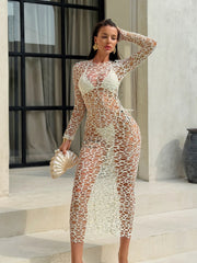 Sexy Hole Out Mesh Long Sleeve Dress 3 Piece Bikini Set