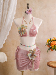 Sexy Pink 3D Flowers Embroidered Bikini Set