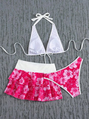 Vintage Pink Floral Print Contrast Bikini Set