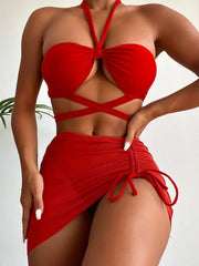 3 PCS Mesh Skirt Halter Wrap Around Bikini