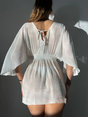 Women Sheer Mesh Cover Up Solid Black White Short Sleeve Beach Cover-Up Swimsuits