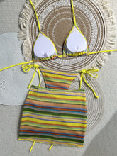 3PCS With Skirt Sarong Knitted Striped Bikini