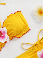Sexy Yellow 3D Floral Decoration Bikini Set