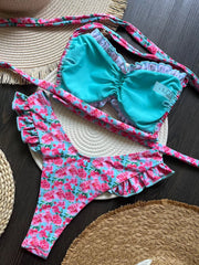 Flowers Print Ruffled Frilled Bandeau Bikini