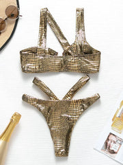 Asymmetric Shiny Snake Skin Thong Bikini