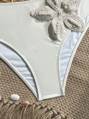 Sexy White 3D Pearls Flower Embroidery Bikini Set