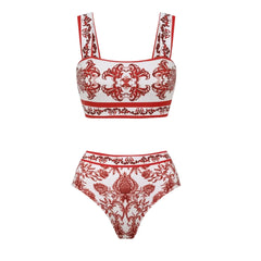 Red Ethnic Style Floral Print Bikini Set