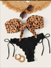 Front Lace Up Tie Bandeau Leopard Swimsuit