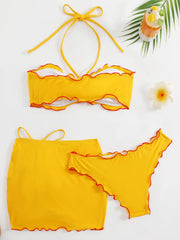 Sexy Yellow 3D Floral Decoration Bikini Set