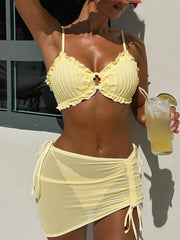 With Mesh Skirt Wrinkled Halter Ruffled Bikini