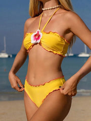 with Mesh Skirt 3D Flowers Halter Bandeau Bikini