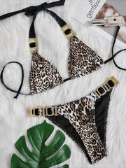 Sexy Leopard Halter Rhinestone Diamond Bikini