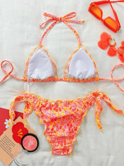 Cute Orange Floral Print Bikini Set