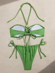 Wrinkled Hollow Out Halter Strappy Bikini