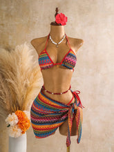Vintage Red Striped Knitted Skirt 3 Piece Bikini Set