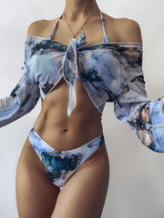 Marble Printed Mesh Long Sleeve Bikini