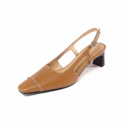 Ziyi Women's High Quality Square Toe Genuine Leather Black Sandal