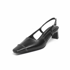 Ziyi Women's High Quality Square Toe Genuine Leather Black Sandal