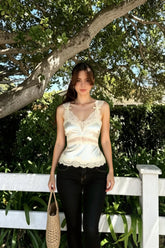 Bow Lace Patch V Neck Solid Tank Top