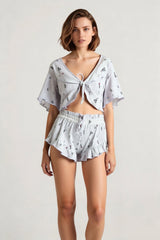 Short Cardigan Hollow Out Long Sleeve Floral Shorts Loungewear Two Piece Set