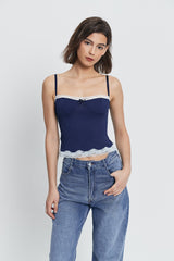 Colorblock Knot Front Floral Lace Trim Crop Top