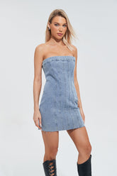 Off Shoulder Raw Hem Cinched Waist Denim Dress