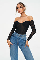 Off Shoulder Mesh Splicing Long Sleeve Bodysuit