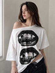 Hip Hop Lip Print Asymmetric Neck Sexy T-shirt